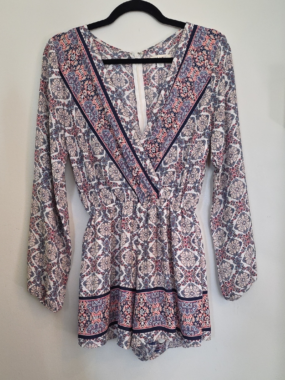 Printed Long Sleeve V-Neck Romper in White, Blue, Pink